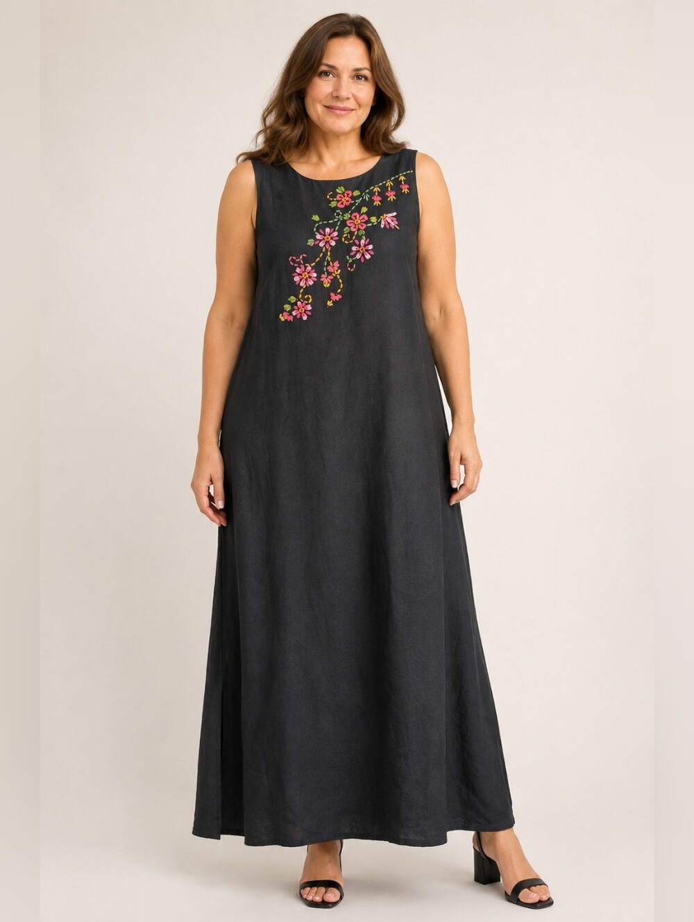 Coldwater Creek Size 16 Linen Blend Embroidered Floral Maxi Dress